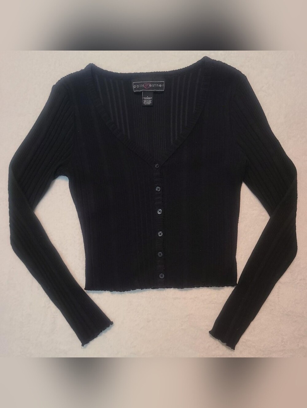 Polly & Esther Black Ribbed V-Neck Button Crop Top